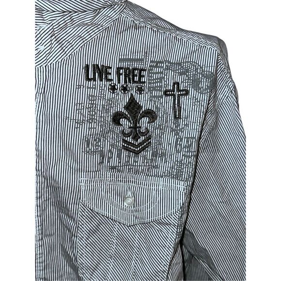 Very nice Decoded Men’s “LIVE FREE” Long Sleeve black & White striped button up - Picture 3 of 12